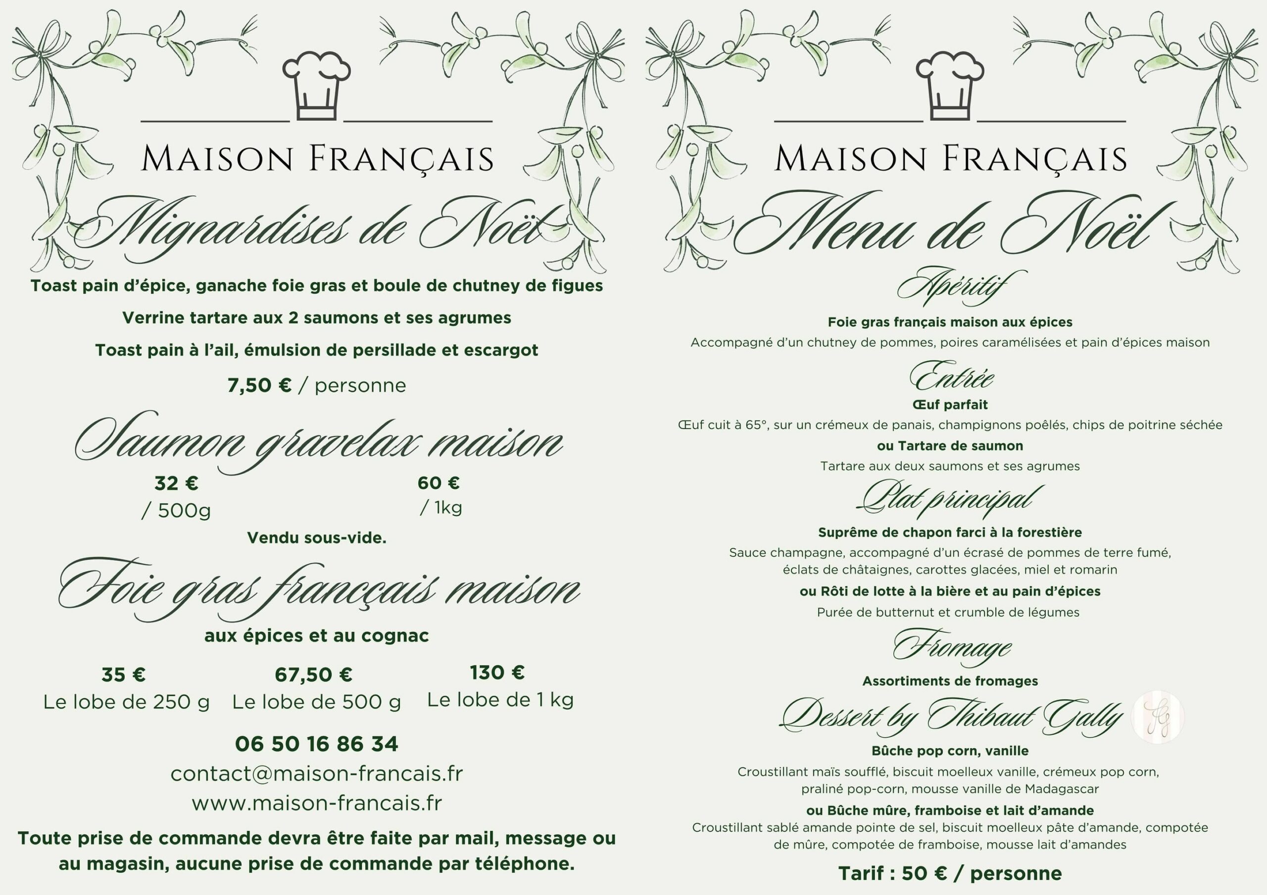 Menu de nOEL et suggestions à la carte maison francais traiteur vosges, lorraine, grand est